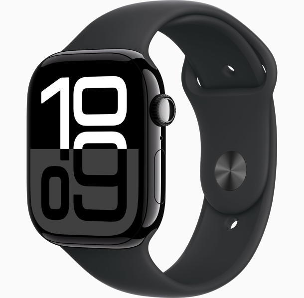 Apple Watch Series 10 GPS 46 мм, корпус из алюминия цвета «чёрный глянец», спортивный ремешок черного цвета S/M (MWWP3)