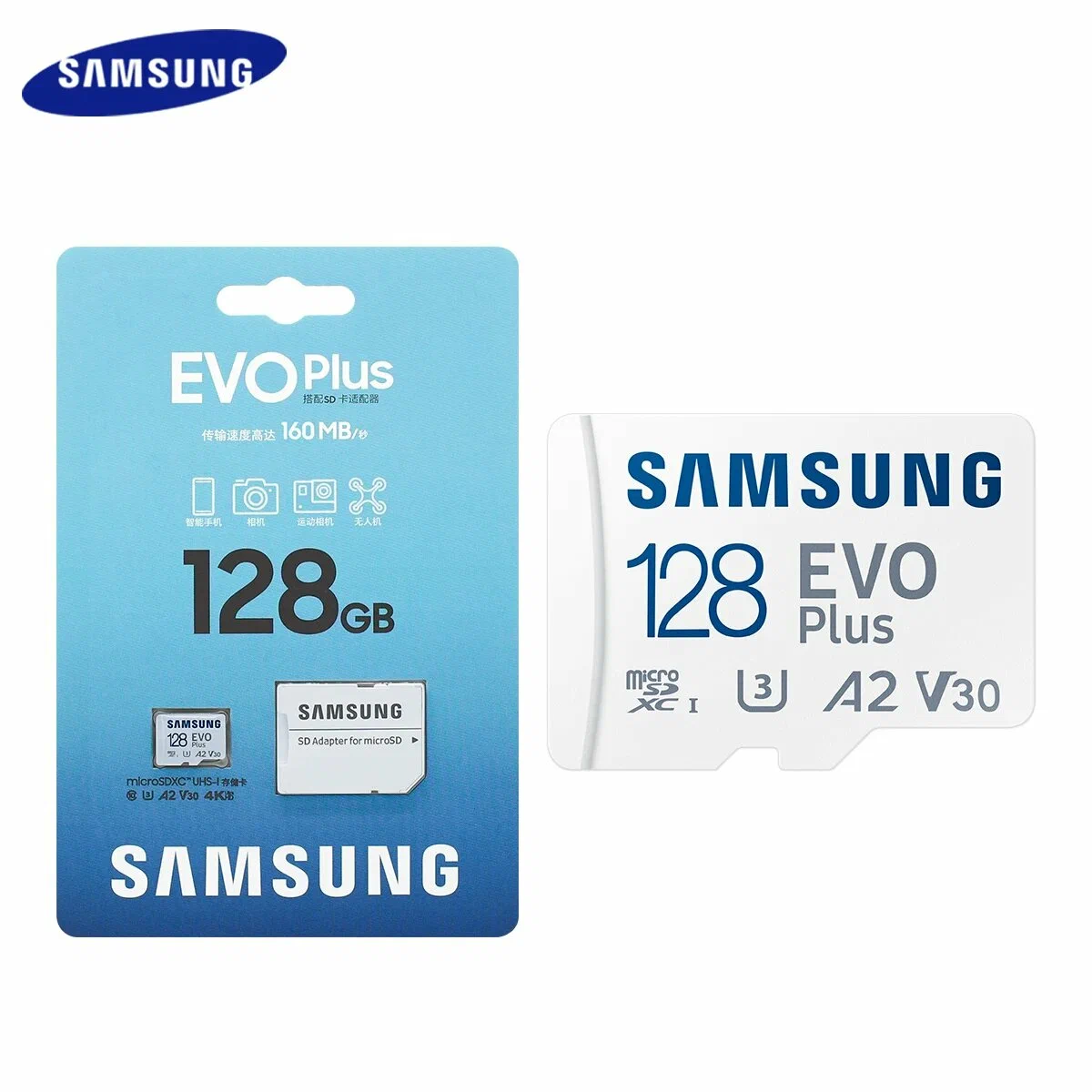 Карта памяти MicroSD 128GB Samsung Class 10 Evo Plus A2 V30 UHS-I (R/W  90/160 MB/s) + SD адаптер