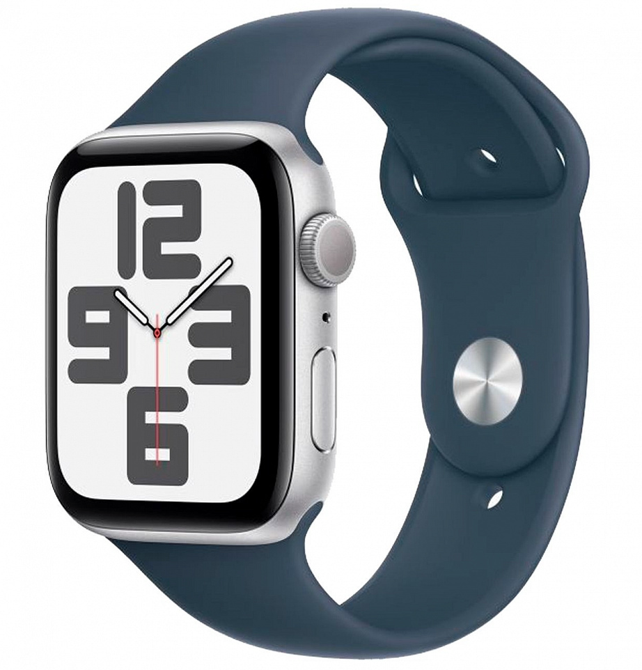 Apple Watch SE 2023, 44 мм, корпус из алюминия серебристого цвета, спортивный ремешок синего цвета M/L (MREE3) - Б/У