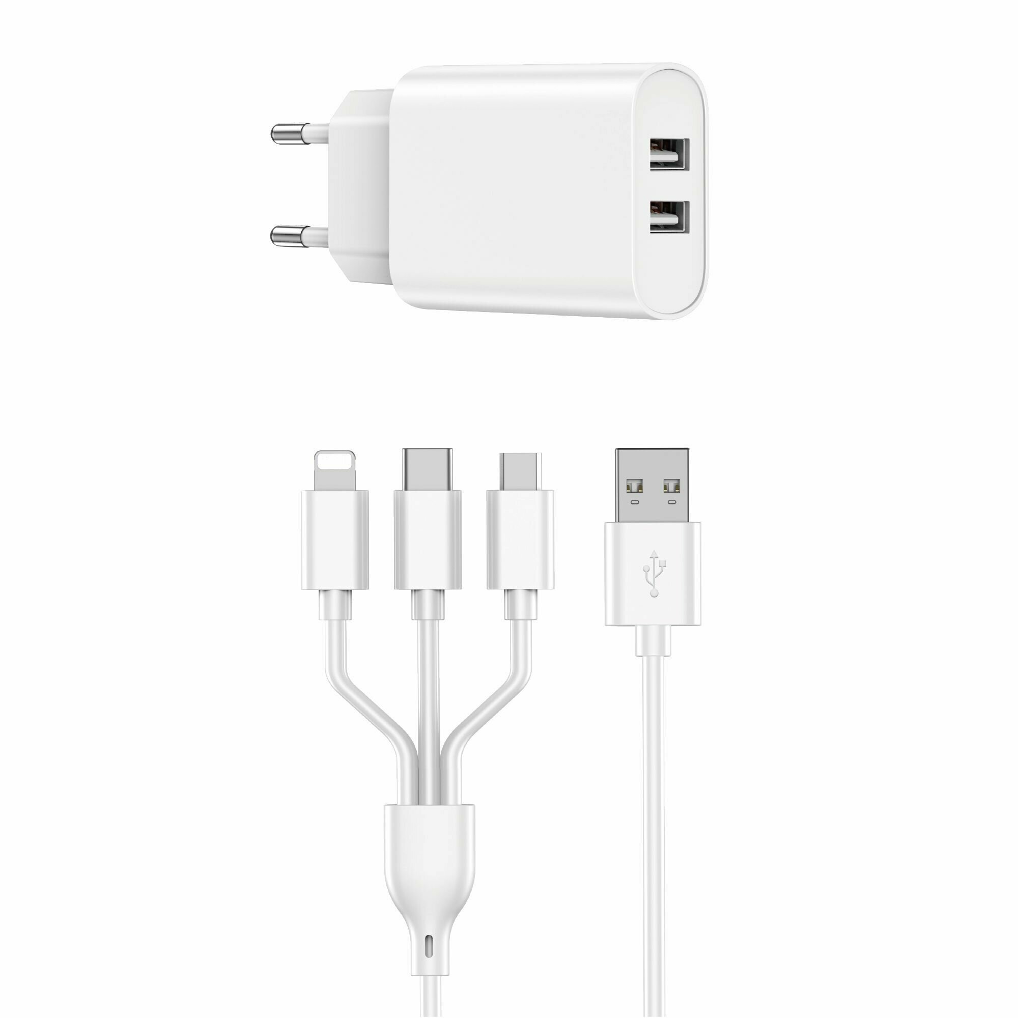 Сетевое зарядное устройство WiWU U003 2xUSB-A + кабель 3in1 Белый Сетевое зарядное устройство WiWU U003 2xUSB-A + кабель 3in1 Белый