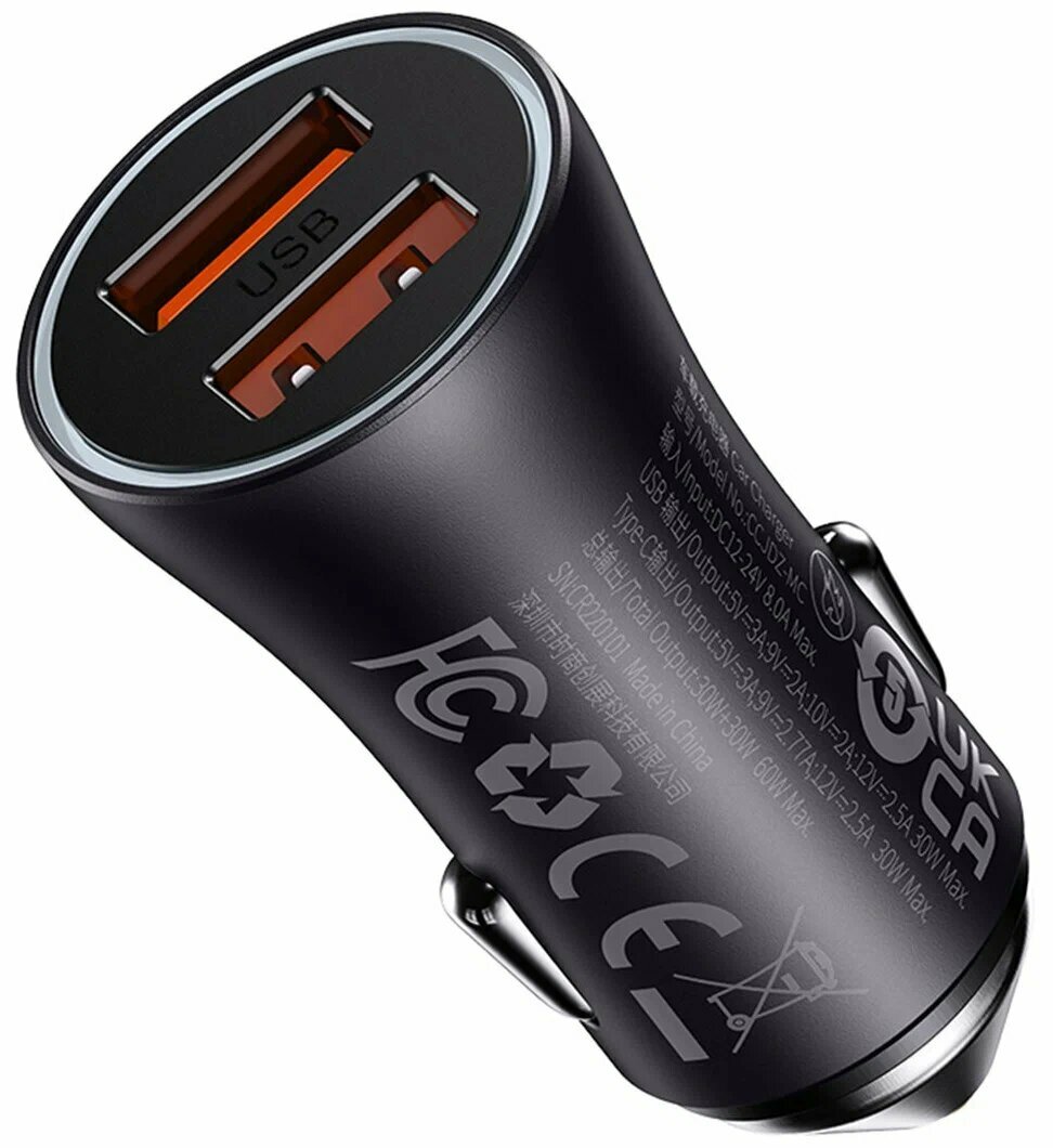 Автомобильное зарядное устройство Baseus Golden Contactor Max Dual USB-A/USB-C, 60W, черный