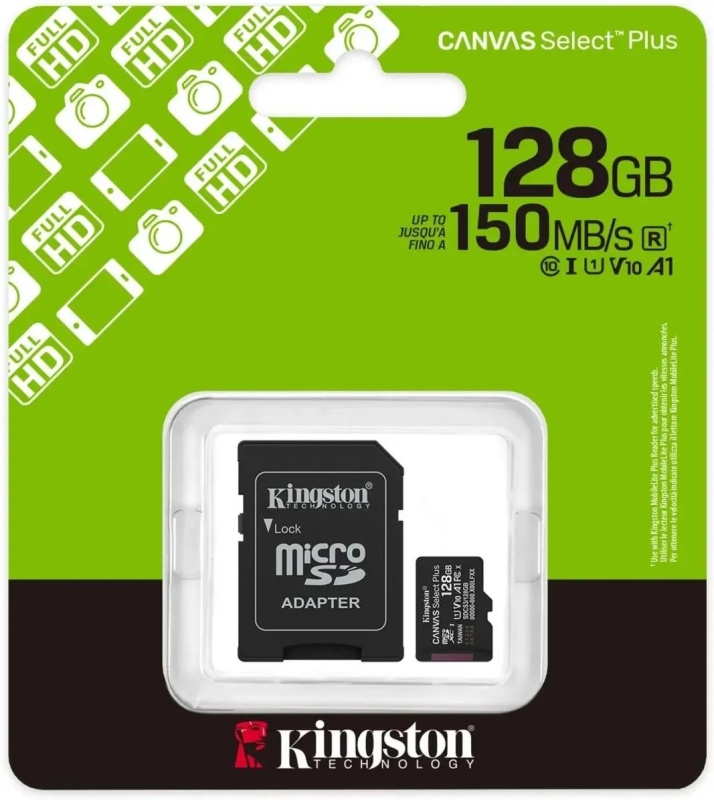 Карта памяти MicroSD 128GB Kingston Class 10 Canvas Select Plus A1 U1 V10  (150 Mb/s) + SD адаптер