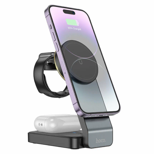 Беспроводное зарядное устройство  HOCO CQ3 Wireless Charger Folding Magnetic 3 в 1, черный Беспроводное зарядное устройство  HOCO CQ3 Wireless Charger Folding Magnetic 3 в 1, черный