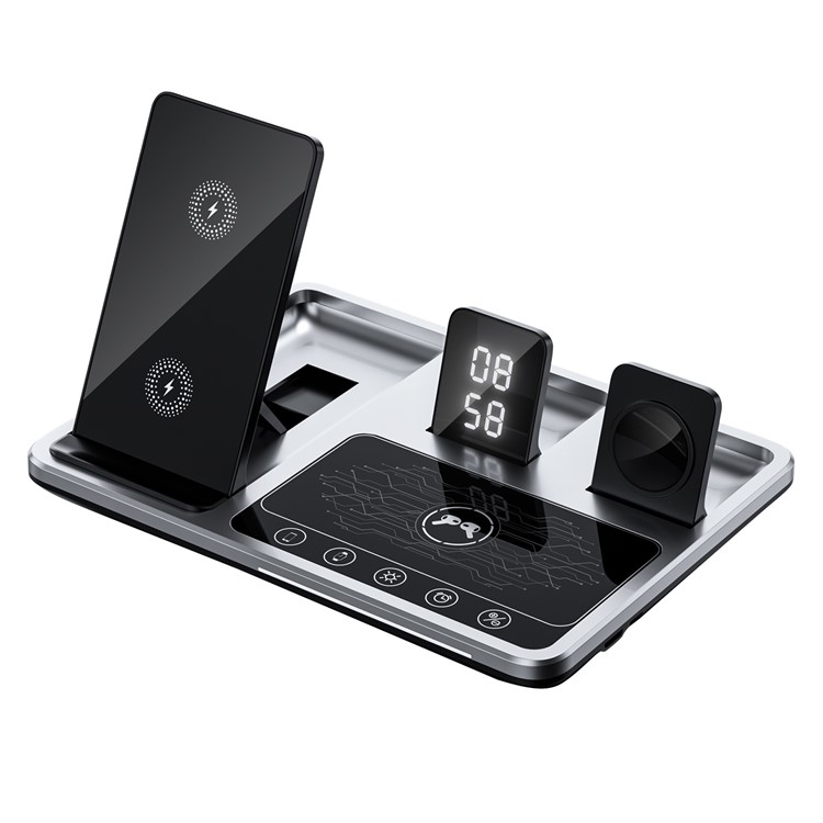 Зарядная станция R11 с часами 4 в 1 Desktop Wireless Charging: iPhone, Airpods, iWatch 15W, серебристый (Type-c) Зарядная станция R11 с часами 4 в 1 Desktop Wireless Charging: iPhone, Airpods, iWatch 15W, серебристый (Type-c)