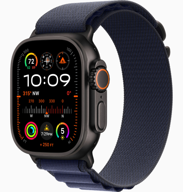 Apple Watch Ultra 2 (2024) GPS, 49 мм, корпус из черного титана, ремешок Alpine темно-синего цвета М (MYPX3)