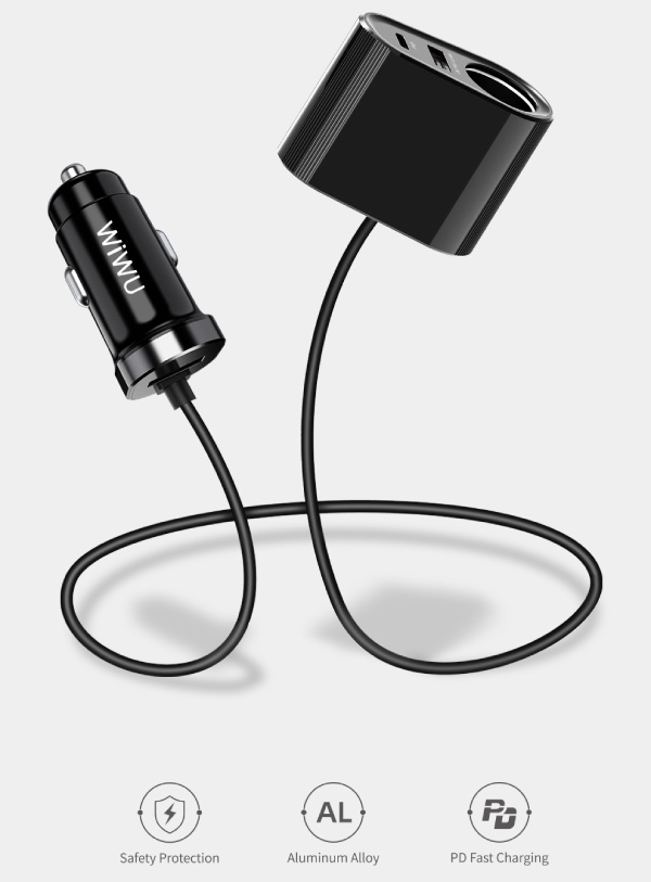 Автомобильное зарядное устройство c удлинителем WiWU USB-A/USB-C, 42W, черный