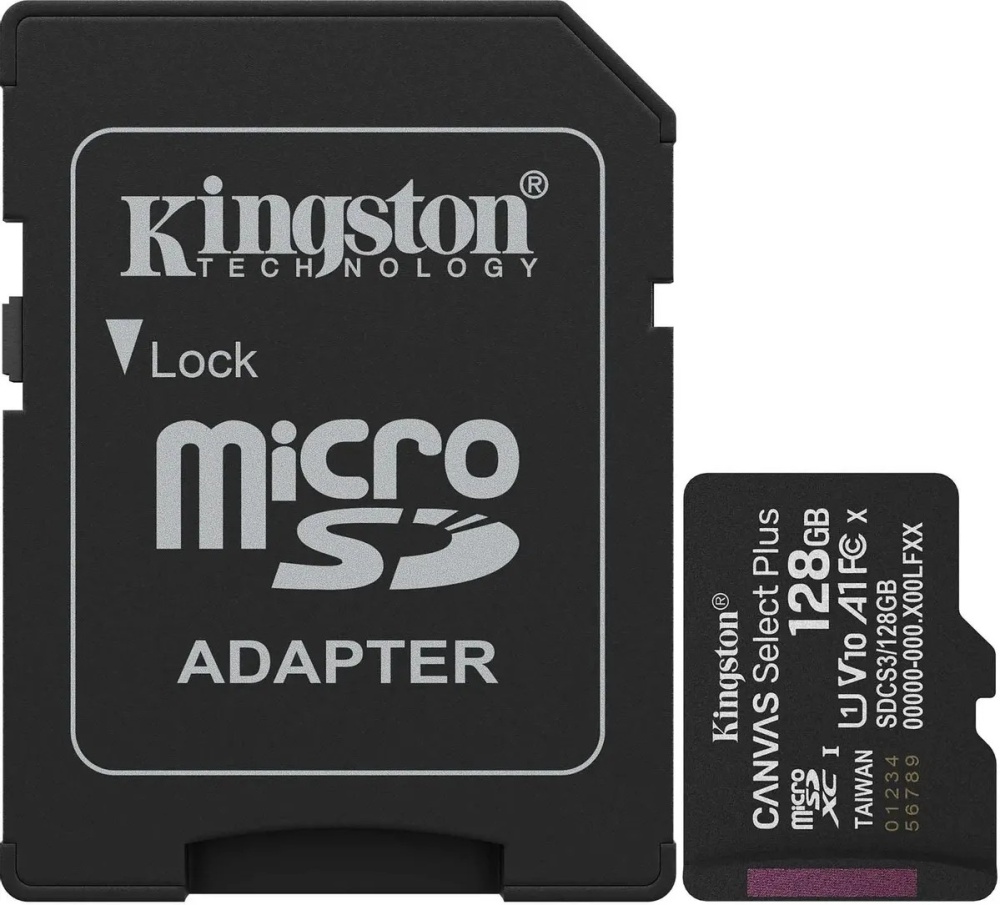 Карта памяти MicroSD 128GB Kingston Class 10 Canvas Select Plus A1 U1 V10  (150 Mb/s) + SD адаптер