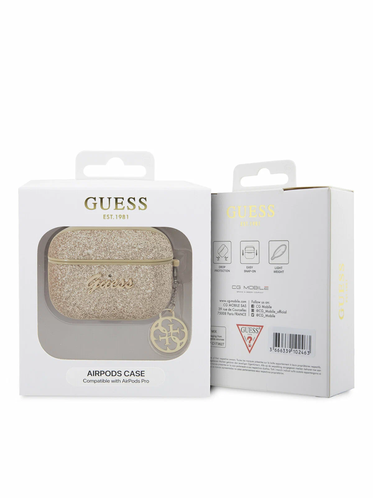 Чехол Guess для Airpods Pro 3 Glitter flakes Metal logo with Pearl hand strap Gold
