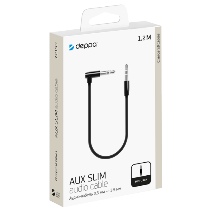 Аудиокабель Deppa AUX 3.5мм-3.5мм, нейлон, 1,2м, L-коннектор, черный, Deppa