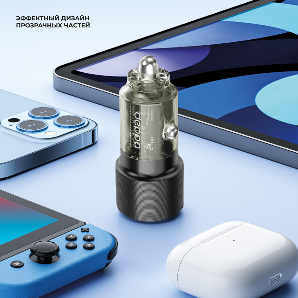 Автомобильное зарядное устройство Deppa Crystal USB-A->USB-С, 95W, черный