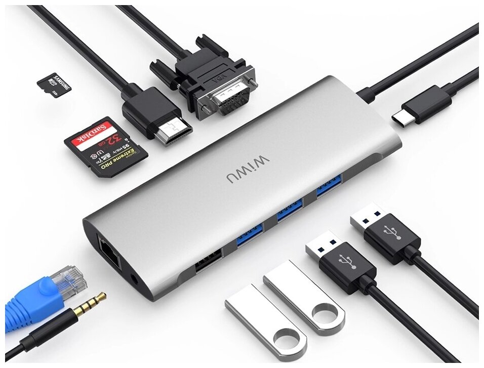 Адаптер WIWU 11 in 1 Type C -> 3х USB 3.0 Hub, SD Card, TF, 2x HDMI, VGA, RJ 45, PD, 3,5mm